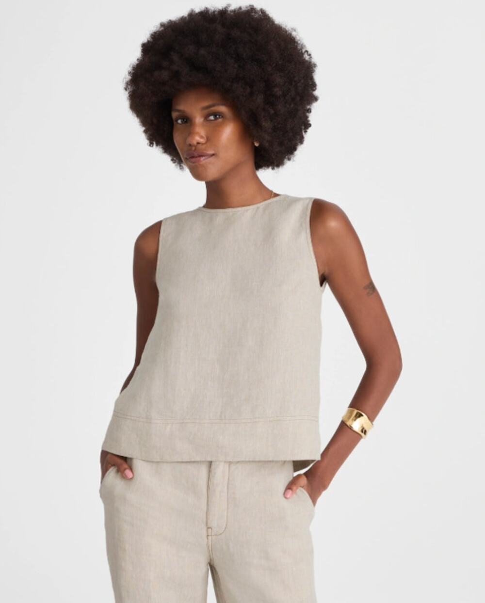 Madewell Linen Pleated Shell Top Sz XS Oat Wide Swing Hem Keyhole Back High Neck